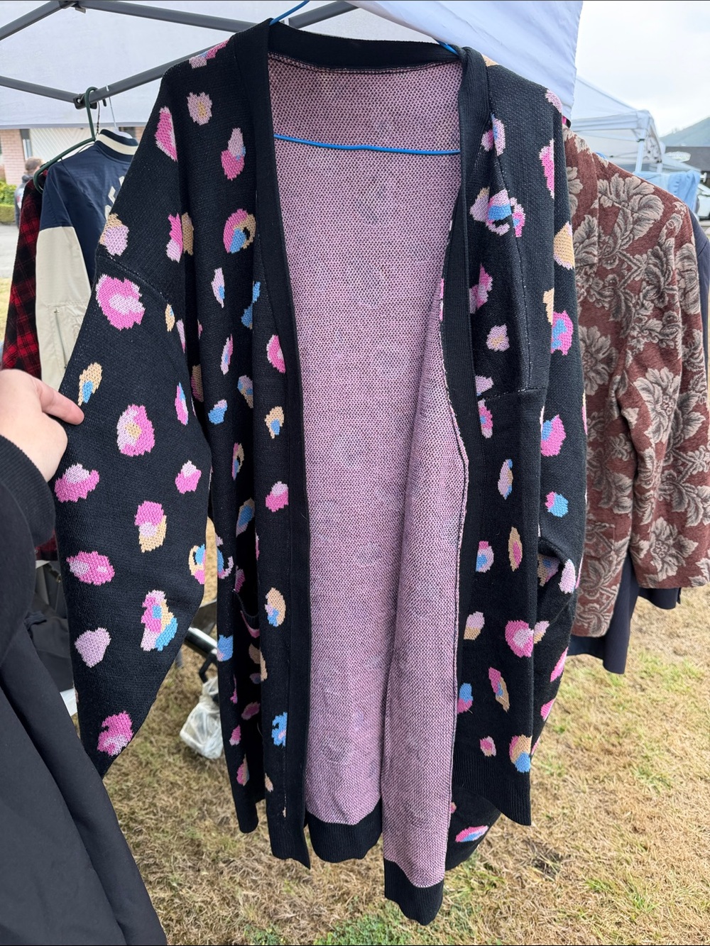 BloomChic Black Open-Front Cardigan with Pink, Blue and Cream Spots